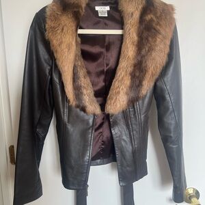Cache Dark Brown Lamb Leather Jacket with  genuine Fur Trim